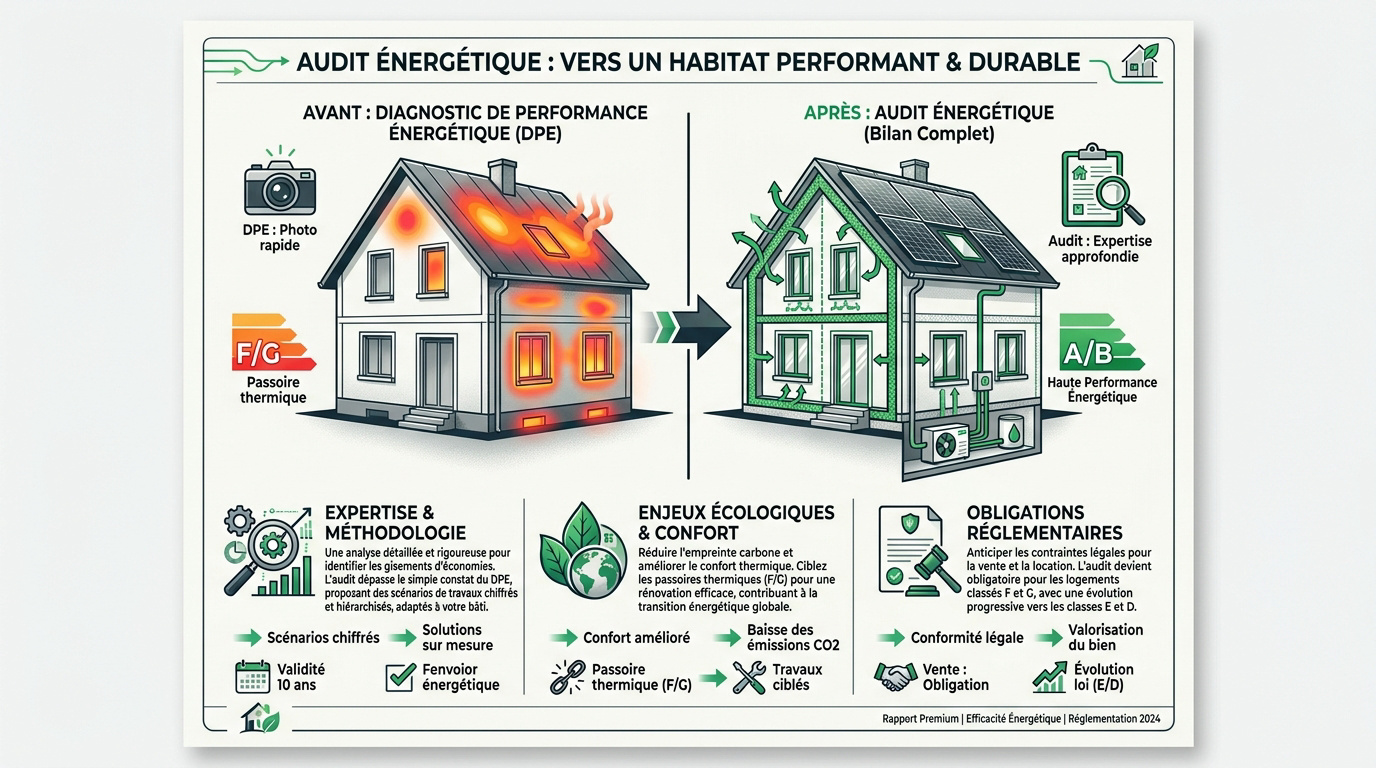 Schéma illustrant le passage d'une passoire thermique à une maison haute performance grâce à l'audit énergétique